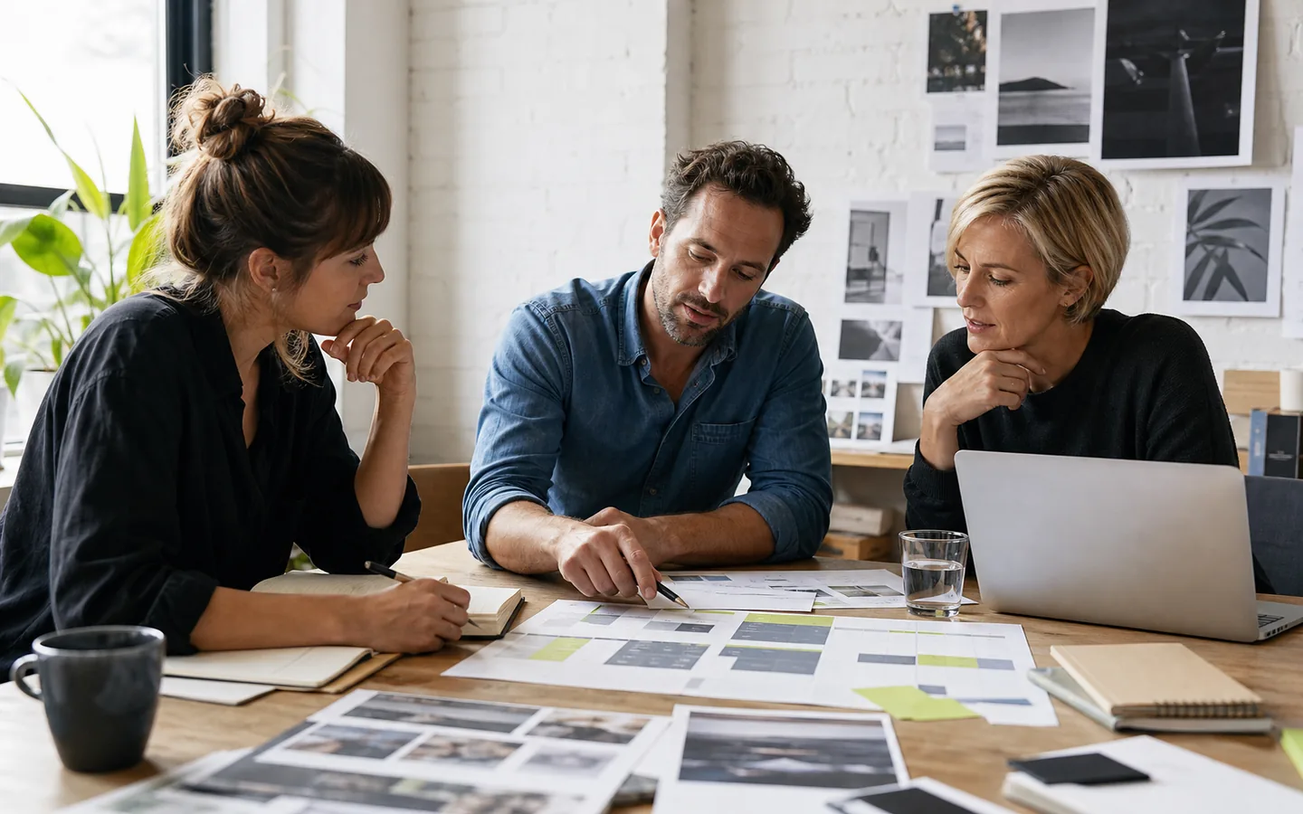 Three-person content team reviewing a production workflow