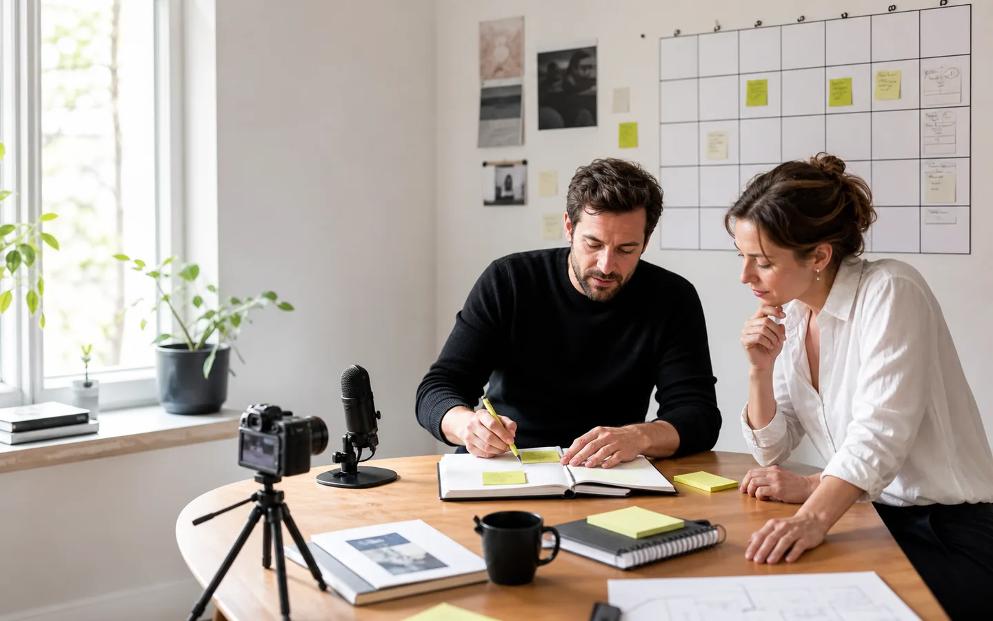 Founder and strategist planning a content system at a desk