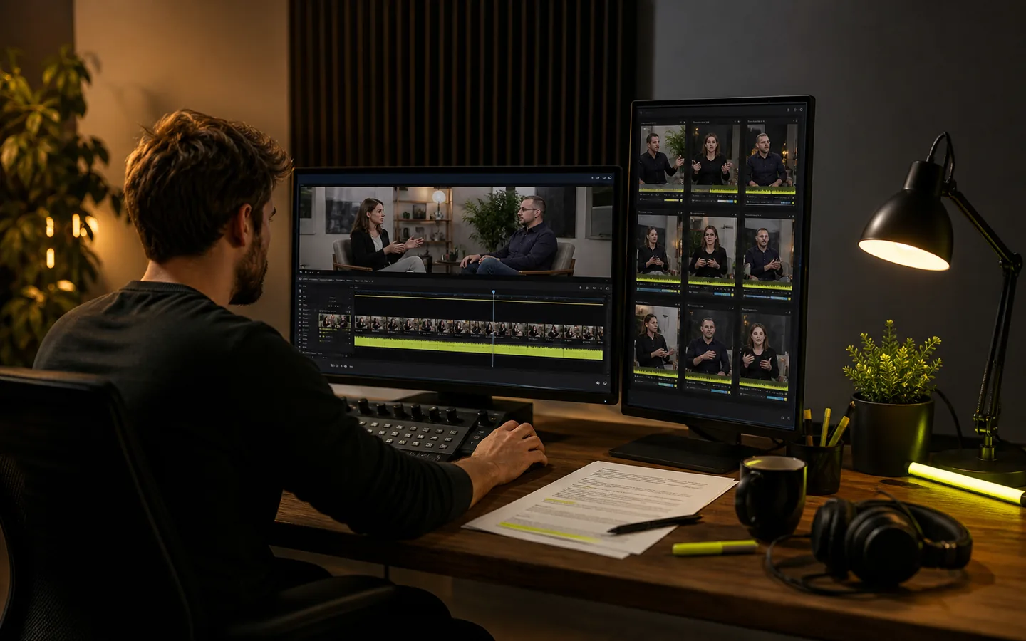 Video editor turning a long interview into several vertical social clips
